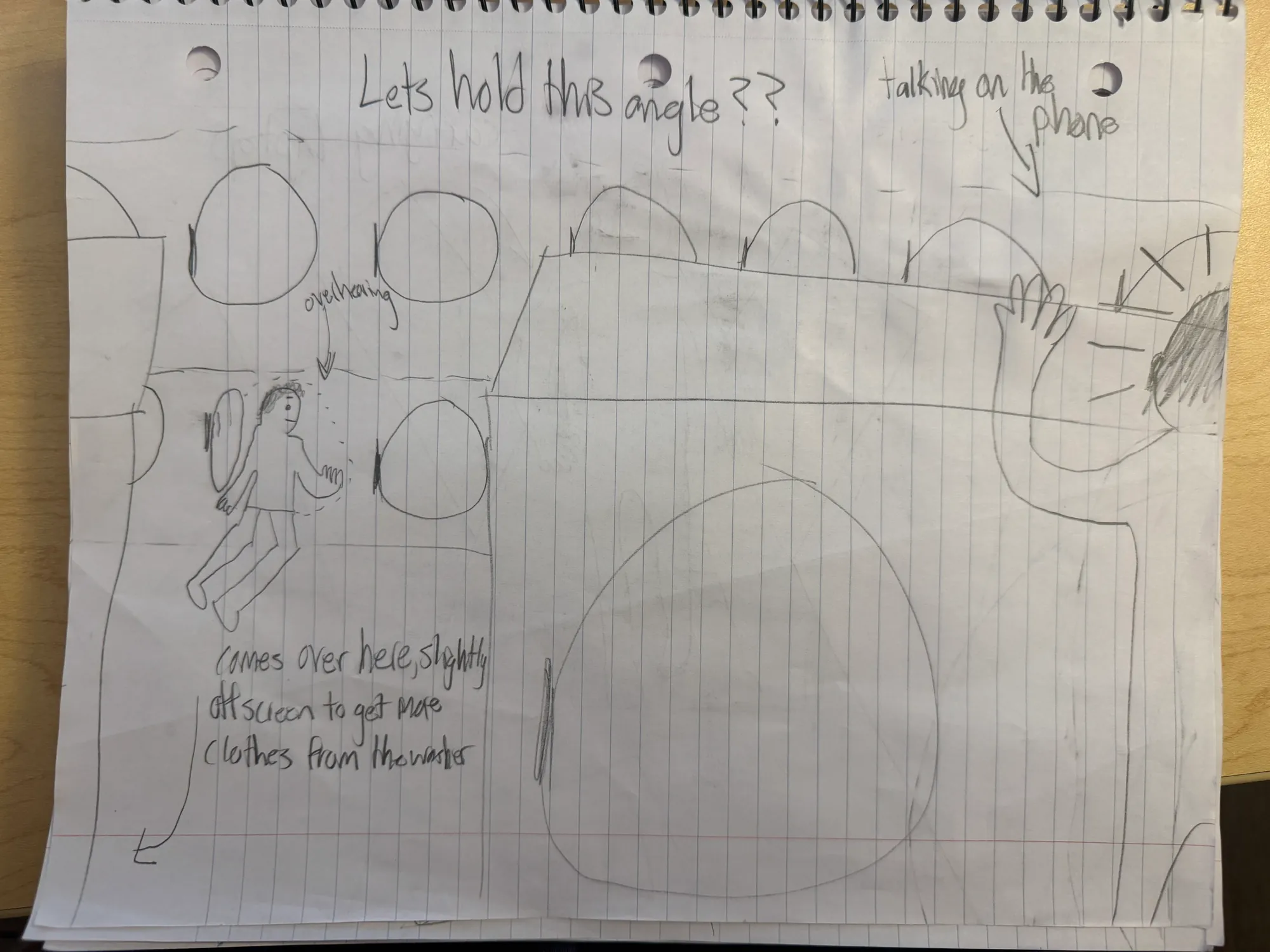 Elevator Pitch storyboard notes and sketches for a laundry room scene