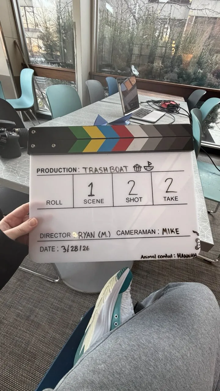 Trashboat clapperboard on the March 28 set